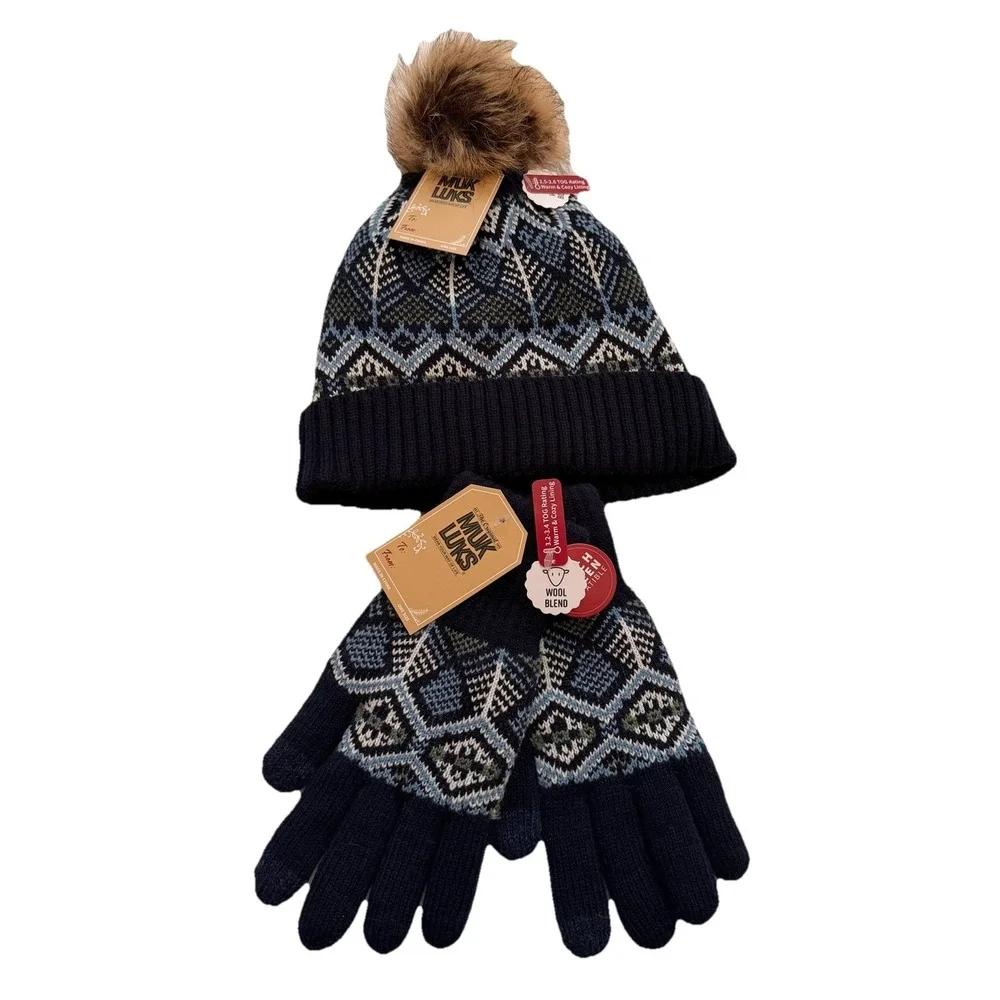 Muk Luks Women's Fair Isle Beanie Hat And Glove Set Black Gray,Blue Faux Fur Pom